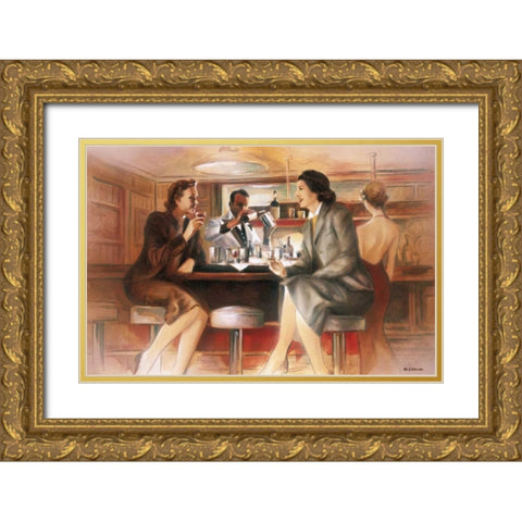 Bar conversations V Gold Ornate Wood Framed Art Print with Double Matting by Denis, E