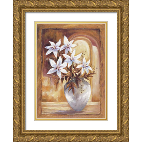 White flowers in vase II Gold Ornate Wood Framed Art Print with Double Matting by Withaar, Rian