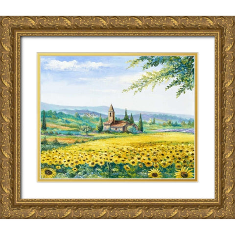 Sunflower field Gold Ornate Wood Framed Art Print with Double Matting by Withaar, Rian