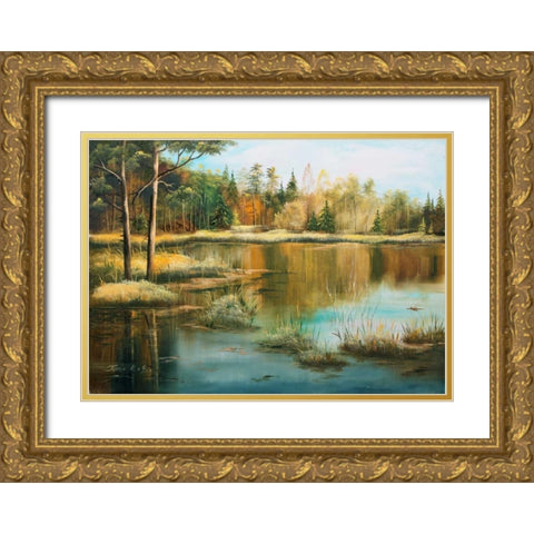 Oil forestlake II Gold Ornate Wood Framed Art Print with Double Matting by Natalia, Gusak