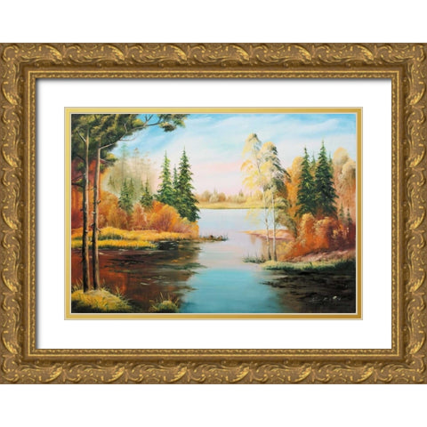 Oil forestlake IV Gold Ornate Wood Framed Art Print with Double Matting by Natalia, Gusak