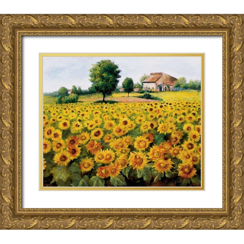 Field with sunflowers Gold Ornate Wood Framed Art Print with Double Matting by Bosman, Johan