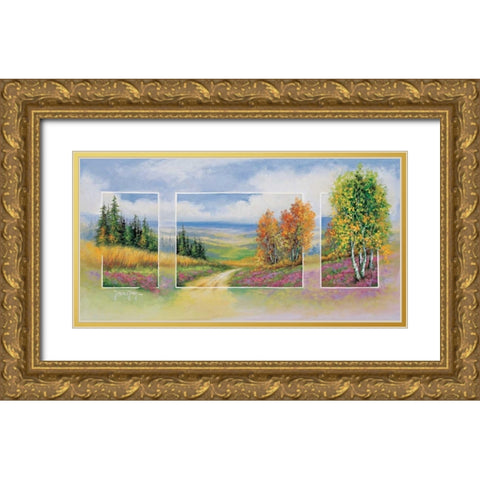 Spring triptychon Gold Ornate Wood Framed Art Print with Double Matting by de Jong, Johan