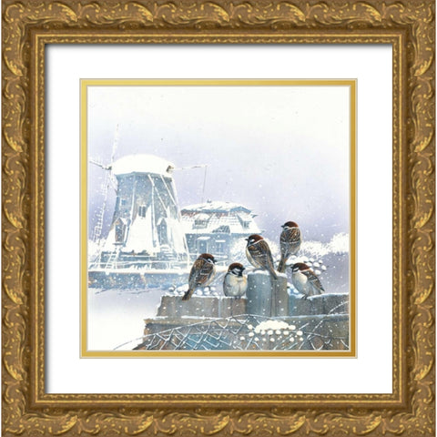 Birdies and windmill Gold Ornate Wood Framed Art Print with Double Matting by Weenink, Jan