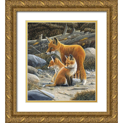 Fox family Gold Ornate Wood Framed Art Print with Double Matting by Weenink, Jan