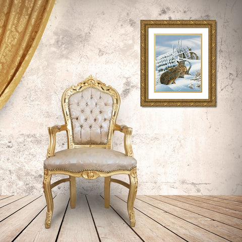 Bunnies in the snow Gold Ornate Wood Framed Art Print with Double Matting by Weenink, Jan
