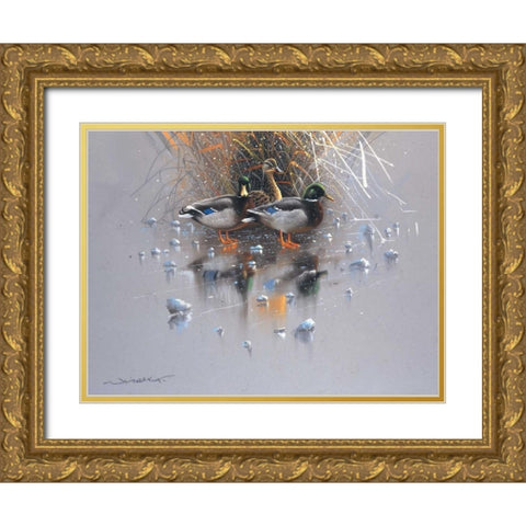 Three ducks Gold Ornate Wood Framed Art Print with Double Matting by Weenink, Jan