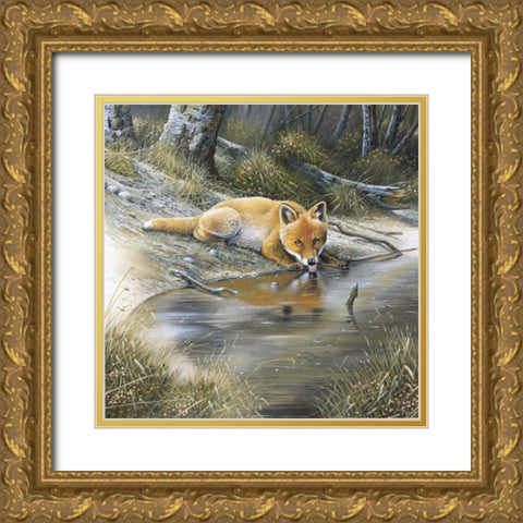 Fox drinking water Gold Ornate Wood Framed Art Print with Double Matting by Weenink, Jan