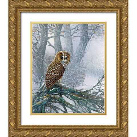 Owl in snowy forest Gold Ornate Wood Framed Art Print with Double Matting by Weenink, Jan