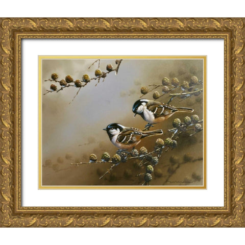 Two birds on branch Gold Ornate Wood Framed Art Print with Double Matting by Weenink, Jan