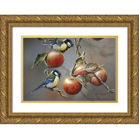 Two birds with apples Gold Ornate Wood Framed Art Print with Double Matting by Weenink, Jan