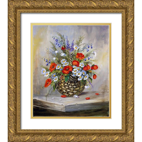Blooming basket Gold Ornate Wood Framed Art Print with Double Matting by Schottler, Katharina