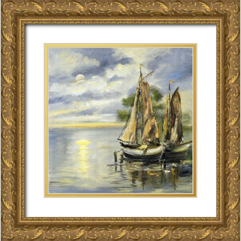 Boats lie at anchor Gold Ornate Wood Framed Art Print with Double Matting by Schottler, Katharina