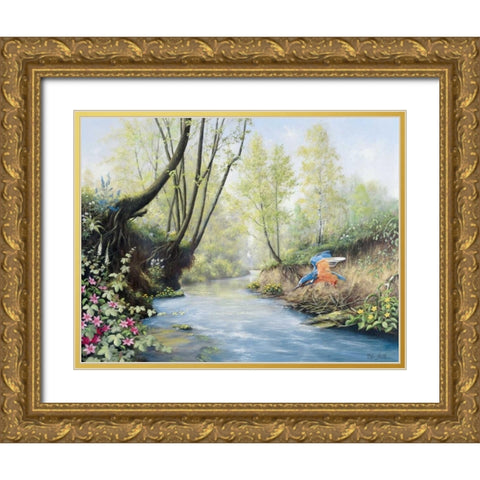 Kingfisher Gold Ornate Wood Framed Art Print with Double Matting by Motz, Peter