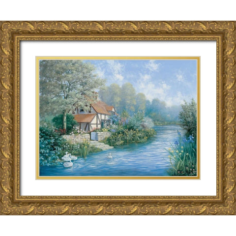 Lakescape Gold Ornate Wood Framed Art Print with Double Matting by Motz, Peter