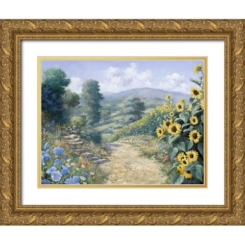Along the sunflowers Gold Ornate Wood Framed Art Print with Double Matting by Motz, Peter