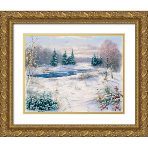 Winter time Gold Ornate Wood Framed Art Print with Double Matting by Motz, Peter