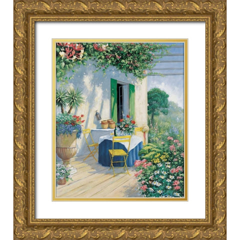 A veranda in bloom I Gold Ornate Wood Framed Art Print with Double Matting by Motz, Peter