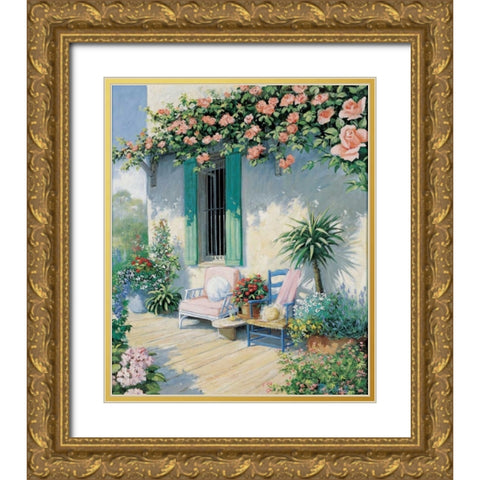 A veranda in bloom II Gold Ornate Wood Framed Art Print with Double Matting by Motz, Peter