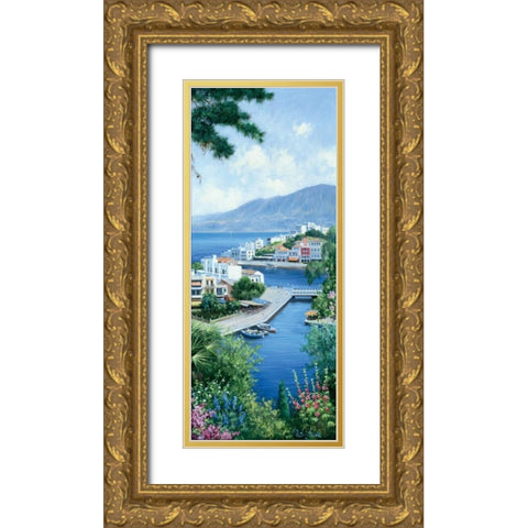 A view over Mykonos Gold Ornate Wood Framed Art Print with Double Matting by Motz, Peter