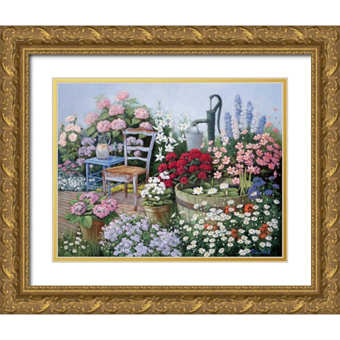 Ellys Gardening Gold Ornate Wood Framed Art Print with Double Matting by Motz, Peter