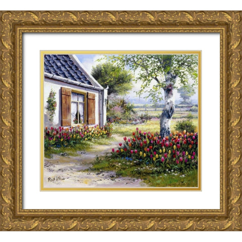 A colourful garden Gold Ornate Wood Framed Art Print with Double Matting by Withaar, Reint