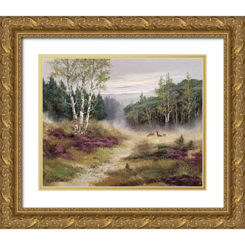 Watching the deers Gold Ornate Wood Framed Art Print with Double Matting by Withaar, Reint