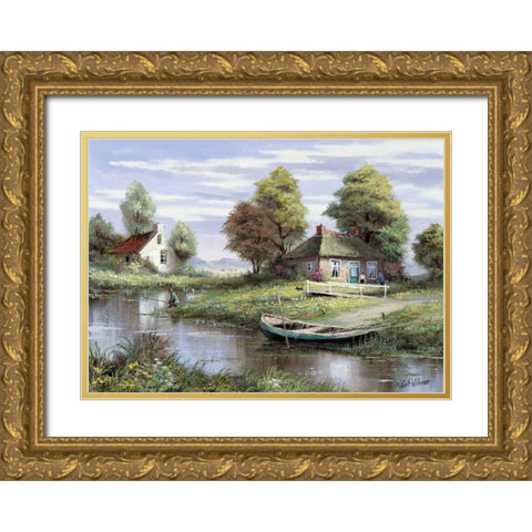 Fishing at the waterside Gold Ornate Wood Framed Art Print with Double Matting by Withaar, Reint