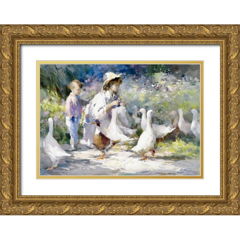 Feeding time Gold Ornate Wood Framed Art Print with Double Matting by Haenraets, Willem