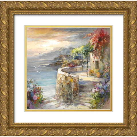 Seagulls and sunset Gold Ornate Wood Framed Art Print with Double Matting by Haenraets, Willem