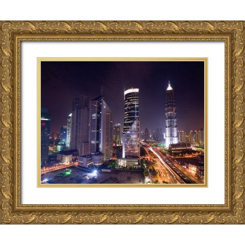 elevated view of skyscrapers at night, Shanghai Gold Ornate Wood Framed Art Print with Double Matting by Frank, Assaf