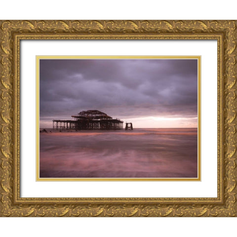 Brighton Pier at dusk Gold Ornate Wood Framed Art Print with Double Matting by Frank, Assaf