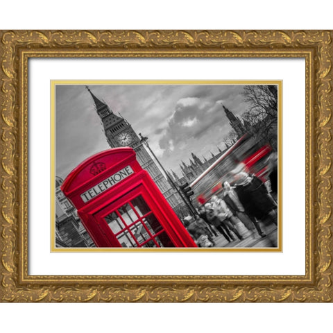 London Houses of Parliment telephone box and stormy clouds Gold Ornate Wood Framed Art Print with Double Matting by Frank, Assaf