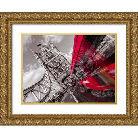 England, London, Double-Decker bus on tower bridge Gold Ornate Wood Framed Art Print with Double Matting by Frank, Assaf