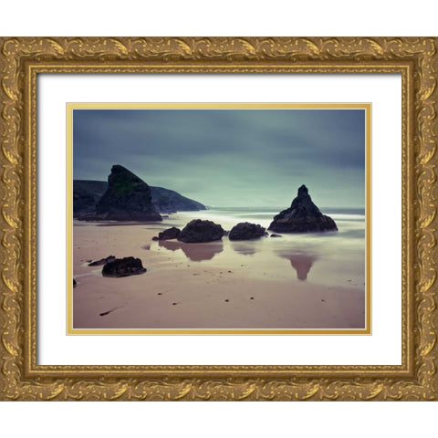 Bedruthan Steps beach Cornwall Gold Ornate Wood Framed Art Print with Double Matting by Frank, Assaf