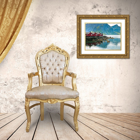 Fishing huts on the waterfront, Lofoten, Norway Gold Ornate Wood Framed Art Print with Double Matting by Frank, Assaf