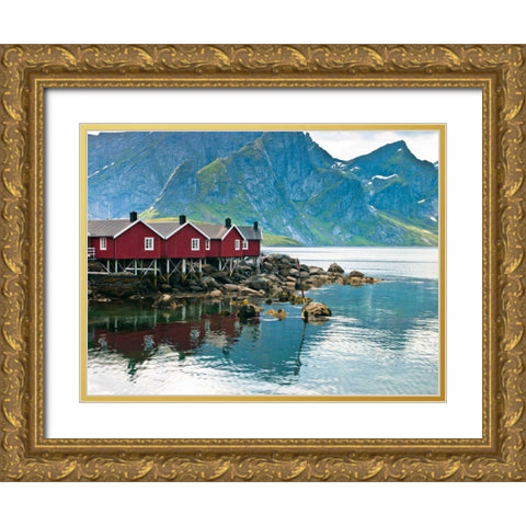Fishing huts on the waterfront, Lofoten, Norway Gold Ornate Wood Framed Art Print with Double Matting by Frank, Assaf