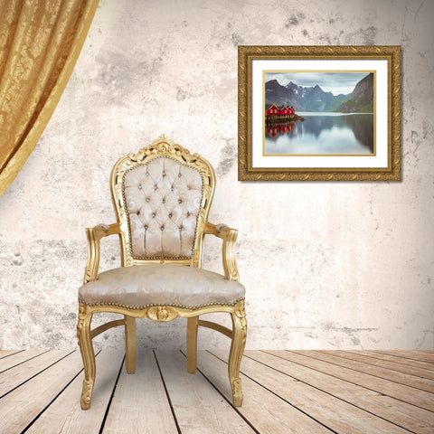 Fishing huts on the waterfront, Lofoten, Norway Gold Ornate Wood Framed Art Print with Double Matting by Frank, Assaf