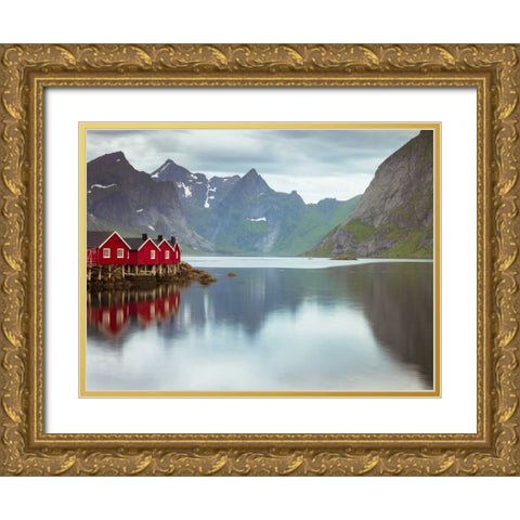 Fishing huts on the waterfront, Lofoten, Norway Gold Ornate Wood Framed Art Print with Double Matting by Frank, Assaf