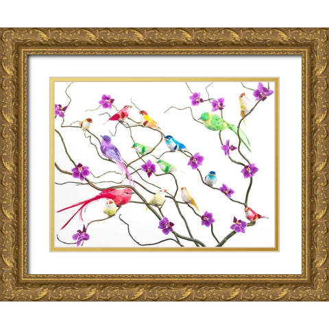 Fake birds on branches Gold Ornate Wood Framed Art Print with Double Matting by Frank, Assaf