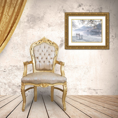 Bench by still lake Gold Ornate Wood Framed Art Print with Double Matting by Frank, Assaf