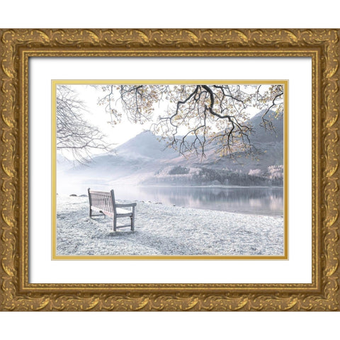 Bench by still lake Gold Ornate Wood Framed Art Print with Double Matting by Frank, Assaf