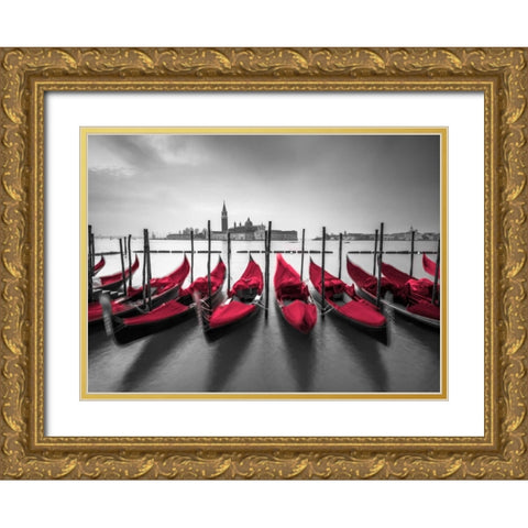 Bunch of Roses and umbrella on pier with gondolas moored in canal, Venice, Italy Gold Ornate Wood Framed Art Print with Double Matting by Frank, Assaf