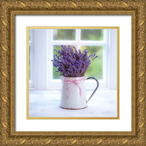 Bunch of lavender in antique jug by the window - Indoors Gold Ornate Wood Framed Art Print with Double Matting by Frank, Assaf