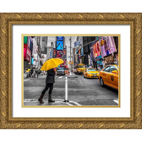 Man with yellow umbrella at Times square, New York Gold Ornate Wood Framed Art Print with Double Matting by Frank, Assaf