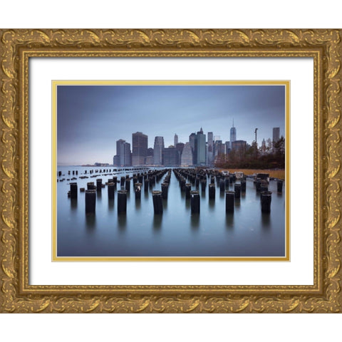 Lower Manhattan Skyline with pier pilings in east river, New York, USA Gold Ornate Wood Framed Art Print with Double Matting by Frank, Assaf