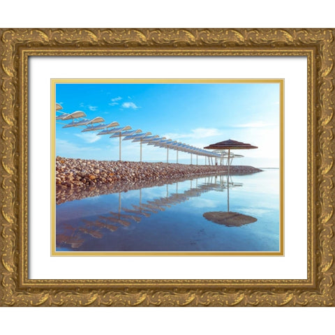 Parasol and jetty on Dead sea, Israel Gold Ornate Wood Framed Art Print with Double Matting by Frank, Assaf