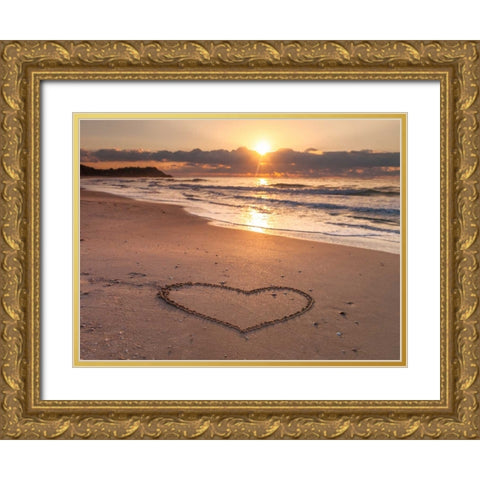 Heart shape drawn on sand at the beach Gold Ornate Wood Framed Art Print with Double Matting by Frank, Assaf