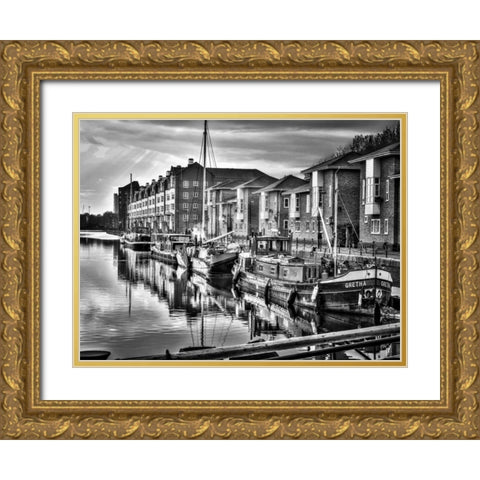 Boats moored at Greenland Dock, Surrey Quays Gold Ornate Wood Framed Art Print with Double Matting by Frank, Assaf