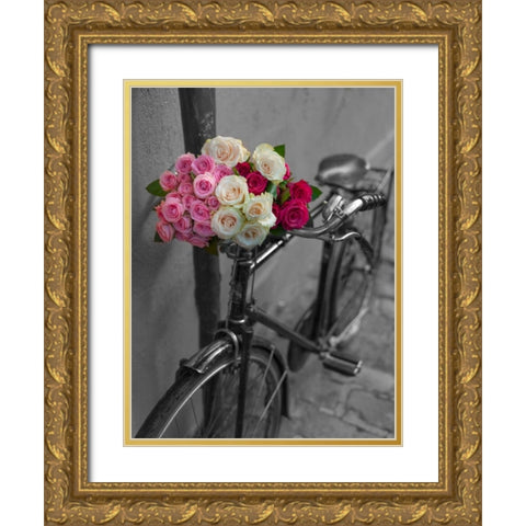 Bunch of Roses on bicycle, Paris, France Gold Ornate Wood Framed Art Print with Double Matting by Frank, Assaf